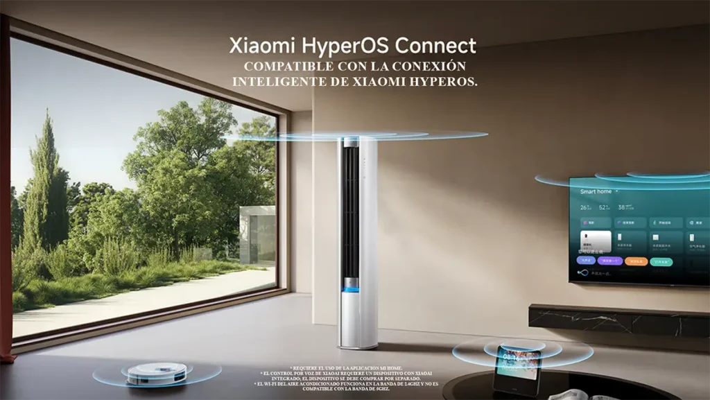Los aires acondicionados verticales de Xiaomi Mijia en un salón moderno, demostrando su conexión con el ecosistema HyperOS al interactuar con una smart TV, un robot aspirador y una tablet.