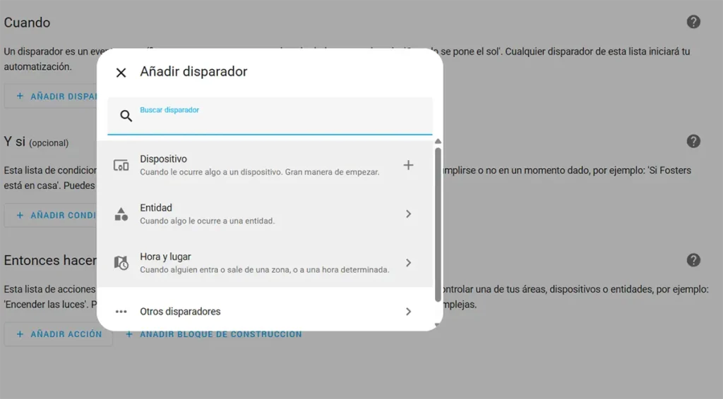 Seleccionando el tipo de disparador 'Dispositivo' en Home Assistant para configurar las acciones de la perilla inteligente Tuya.
