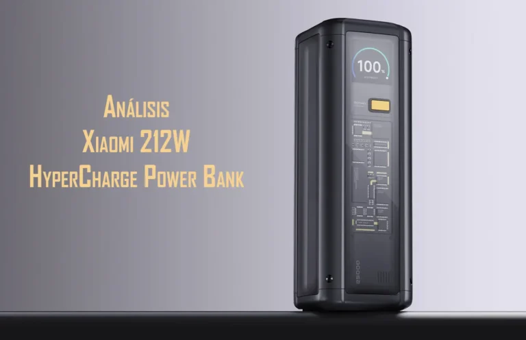 Imagen de portada del análisis de la Xiaomi 212W HyperCharge Power Bank. Muestra una foto profesional del producto junto al título del artículo en letras amarillas