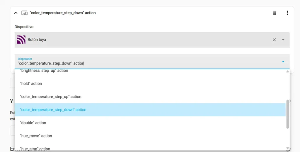 Configurando el disparador para hacer la luz más cálida en Home Assistant, seleccionando la acción 'color_temperature_step_down' para la perilla inteligente Tuya.
