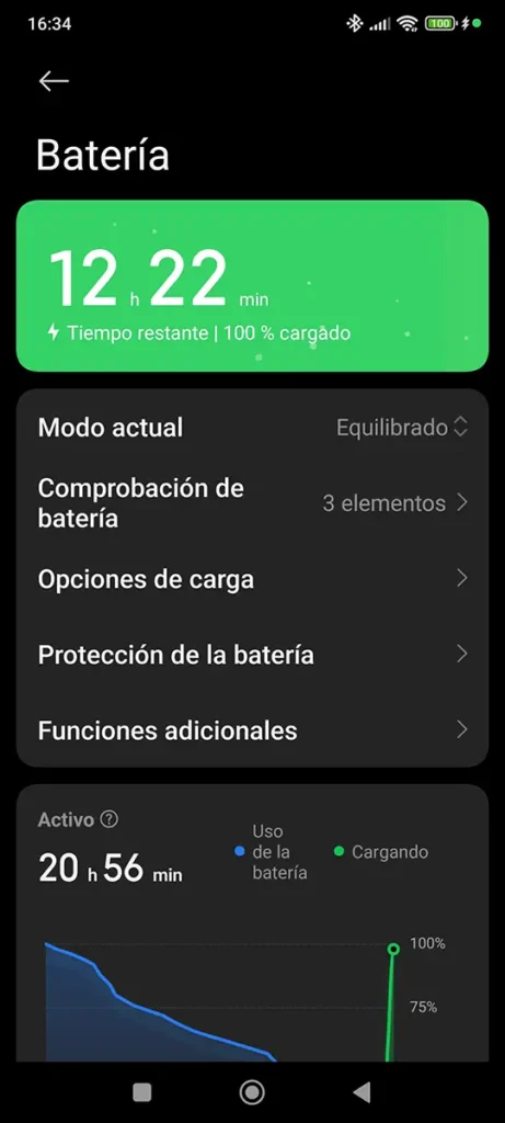 Prueba de carga finalizada: captura de pantalla de la sección de Batería de un móvil Xiaomi 13t pro a las 16:34. La pantalla muestra '100% cargado', demostrando el tiempo total de carga con la power bank