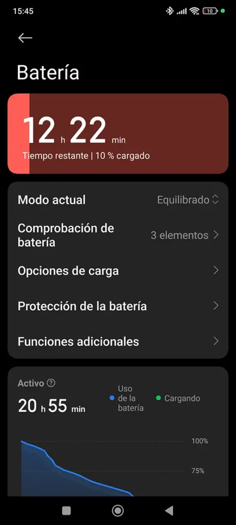 Inicio de la prueba de carga: captura de pantalla de la sección de Batería de un móvil Xiaomi 13t Pro a las 15:45, mostrando un nivel de carga del 10% justo antes de conectarlo a la power bank