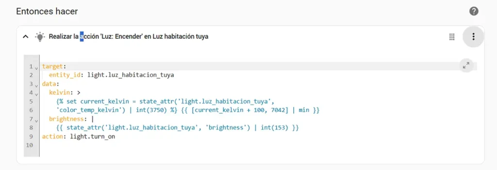 Código YAML modificado para una automatización de Home Assistant que hace la luz más fría, aumentando la temperatura Kelvin de una luz Tuya de forma gradual mediante una plantilla.
