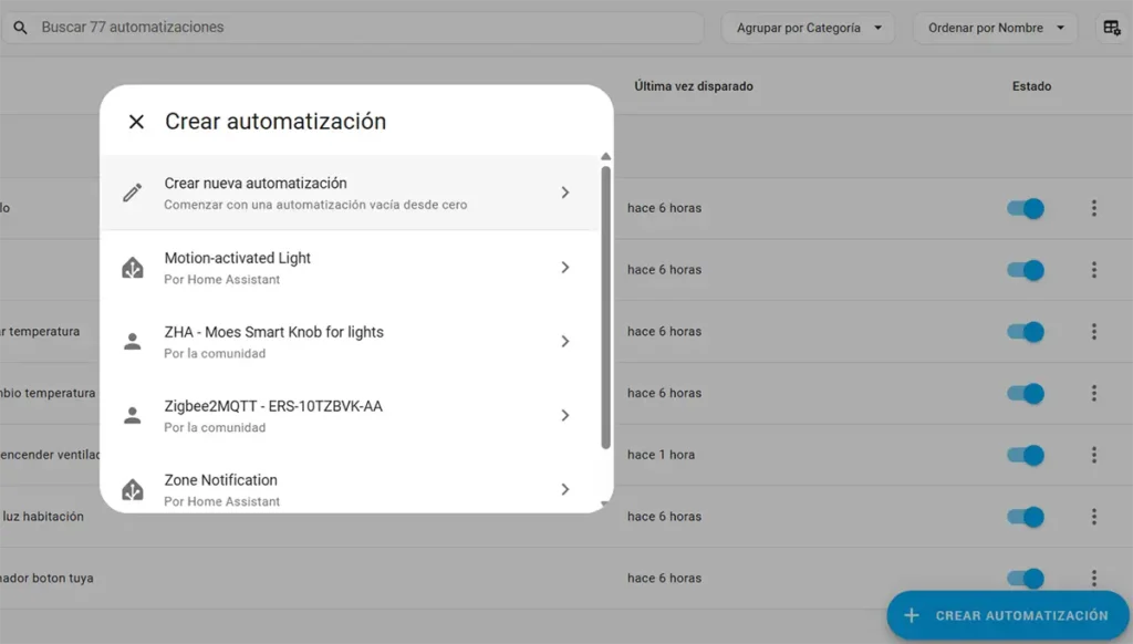 Creando una nueva automatización en Home Assistant para la perilla Tuya, seleccionando la opción 'Crear nueva automatización' para empezar desde cero.
