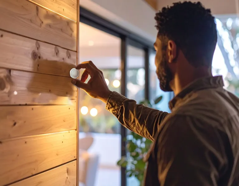 Una persona instalando una perilla inteligente Tuya ZG-101Z/D en una pared de madera para controlar la iluminación con Home Assistant.