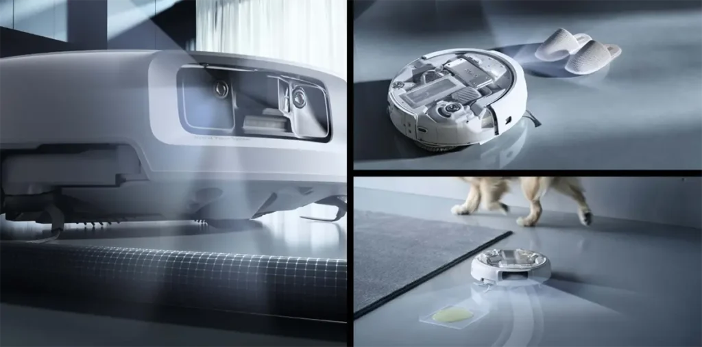 Collage del robot aspirador DJI ROMO mostrando su sistema de visión artificial, su diseño con carcasa transparente y su capacidad para limpiar derrames en un hogar con mascotas