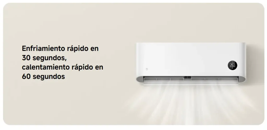Gráfico que ilustra la velocidad del aire acondicionado Xiaomi, con el texto "Enfriamiento rápido en 30 segundos, calentamiento rápido en 60 segundos" junto al aparato en funcionamiento expulsando aire.