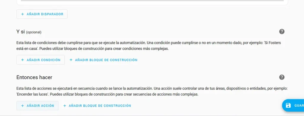 Configurando la sección de acción 'Entonces hacer' en una automatización de Home Assistant para controlar una luz con la perilla Tuya.