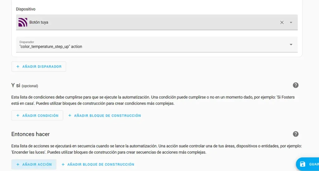 Configurando el disparador para hacer la luz más fría en Home Assistant, utilizando la acción 'color_temperature_step_up' del dispositivo Tuya.
