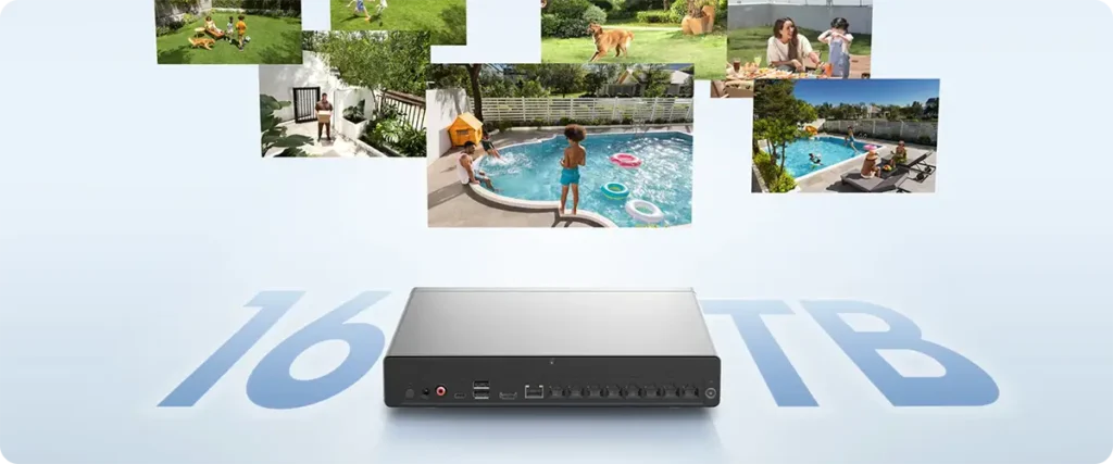 Grabador eufy PoE NVR con el texto '16 TB' resaltando su almacenamiento local ampliable. Sobre el dispositivo, un collage de vídeos muestra escenas familiares y de seguridad grabadas por el sistema. eufy PoE NVR Security System S4 Max