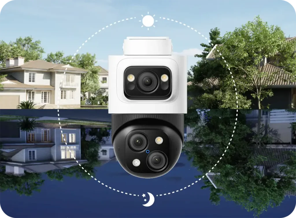 Cámara eufy S4 Max de triple lente demostrando su capacidad de vigilancia 24/7. El fondo está dividido horizontalmente, mostrando una casa de día y la misma casa de noche, con iconos de sol y luna que simbolizan la protección continua.