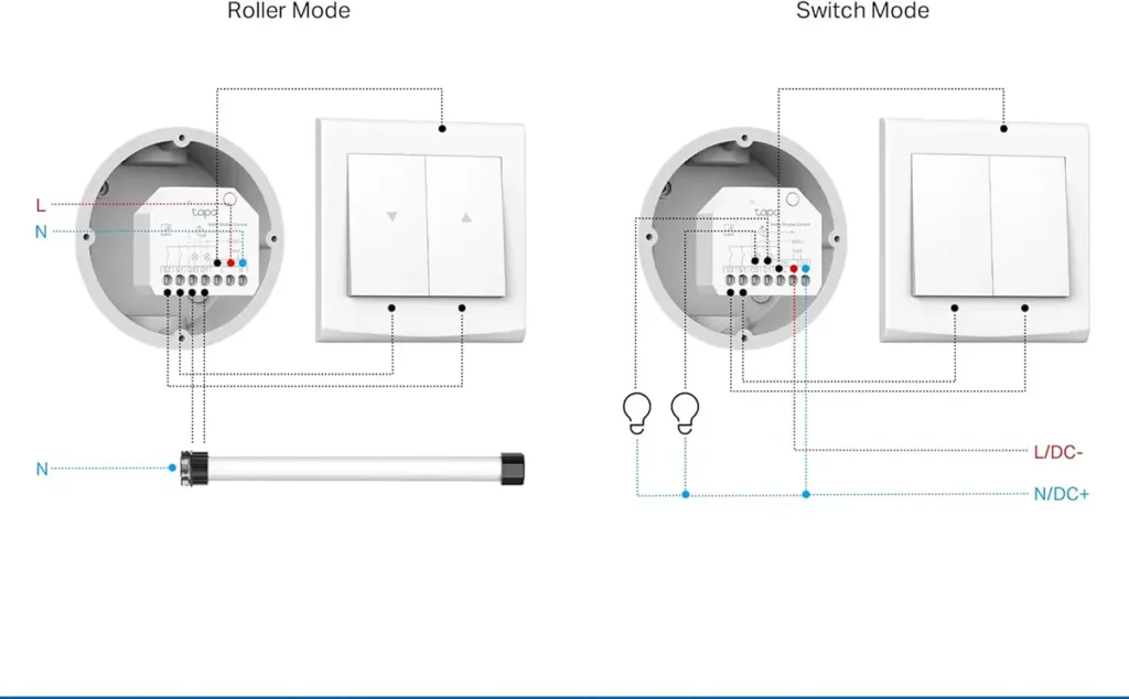 Esquema de cableado del módulo inteligente TP-Link Tapo S112 con sus dos modos de funcionamiento. A la izquierda, el "Modo Persiana" (Roller Mode) muestra cómo se conecta a un motor de persiana. A la derecha, el "Modo Interruptor" (Switch Mode) muestra cómo se conecta para controlar dos bombillas de forma independiente.