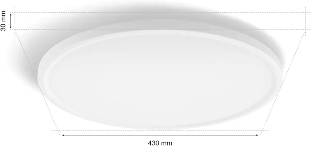 Esquema con las dimensiones del plafón LED inteligente Philips Hue Devote M, mostrando un diámetro de 430 mm (43 cm) y un grosor extraplano de 30 mm (3 cm), ideal para techos bajos.