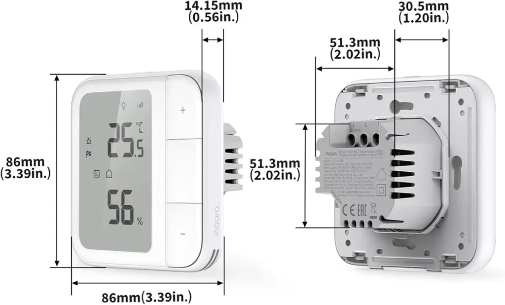 Dimensiones del termostato inteligente Aqara W500, con vista frontal y trasera detallando sus medidas de 86x86 mm para la instalación en caja de empotrar.