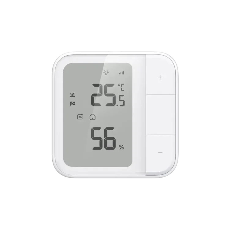 Termostato inteligente Aqara W500 mostrando la temperatura y humedad en su pantalla LCD.
