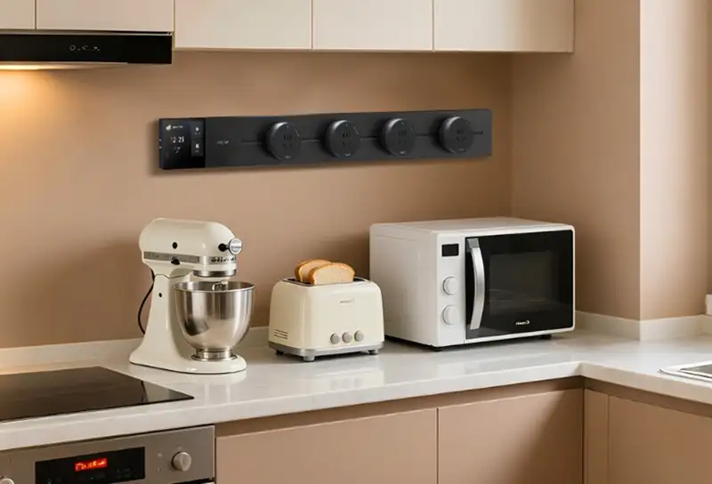 Regleta inteligente Yeelight instalada en la pared de una cocina moderna, sobre una encimera con una batidora, una tostadora y un microondas