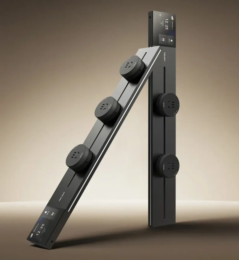 Dos regletas inteligentes Yeelight de color negro con diseño de riel modular. Una está en vertical y la otra apoyada en diagonal, mostrando sus enchufes redondos deslizables, la pantalla táctil integrada y la tira de luz LED ambiental.