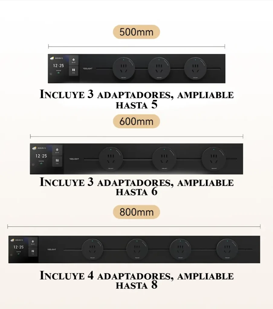 Infografía que compara los tres tamaños de la regleta inteligente modular Yeelight: el modelo de 50 cm (ampliable a 5 enchufes), el de 60 cm (ampliable a 6) y el de 80 cm (ampliable a 8), mostrando el número de adaptadores incluidos en cada uno.