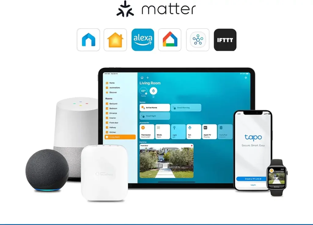 Composición de marketing que ilustra la compatibilidad de los productos Tapo. En la parte superior, el logo de Matter y los iconos de Apple Home, Amazon Alexa, Google Home, Samsung SmartThings e IFTTT. En el centro, una tablet y un móvil muestran la aplicación de Tapo y la de Apple Home, rodeados de altavoces inteligentes Echo Dot, Google Home y un hub de SmartThings.