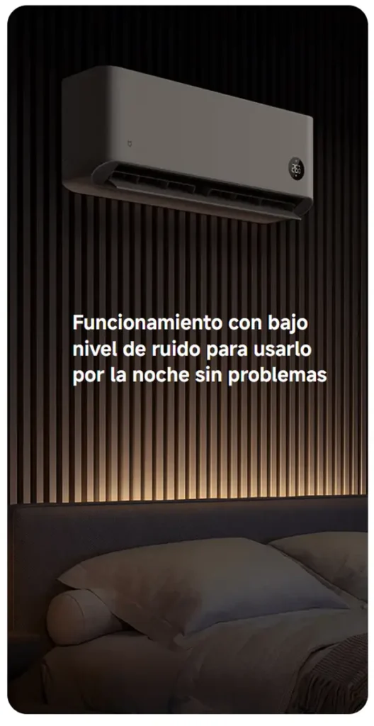Imagen del aire acondicionado Xiaomi instalado sobre una cama en un dormitorio. El texto superpuesto destaca su característica principal: "Funcionamiento con bajo nivel de ruido para usarlo por la noche sin problemas".