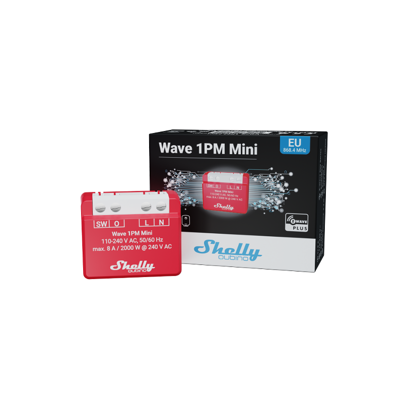Interruptor inteligente Shelly Wave 1PM Mini, un dispositivo Z-Wave Plus para domótica, mostrado junto a su embalaje. El producto, de color rojo, es un relé compacto para control de luces y aparatos con medición de consumo.