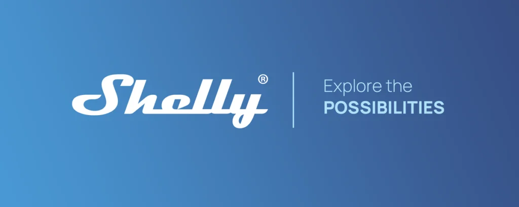 Logo de Shelly, marca líder en domótica y hogar inteligente, con su eslogan "Explore the POSSIBILITIES" (Explora las posibilidades), que invita a descubrir las soluciones de automatización del hogar que ofrecen sus dispositivos.