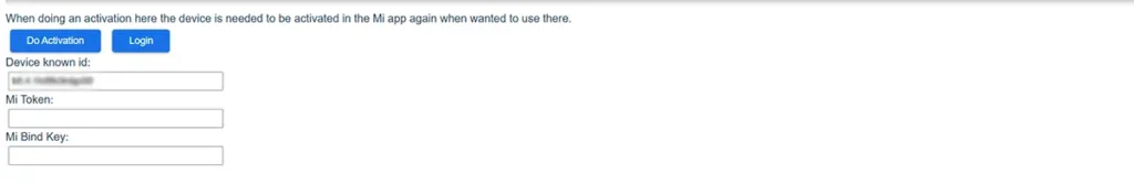 Captura de pantalla de la sección de activación de la web Telink Flasher. Se ven los botones "Do Activation" y "Login", junto con tres campos de entrada: "Device known id", que muestra un ID pixelado, y los campos vacíos "Mi Token" y "Mi Bind Key".