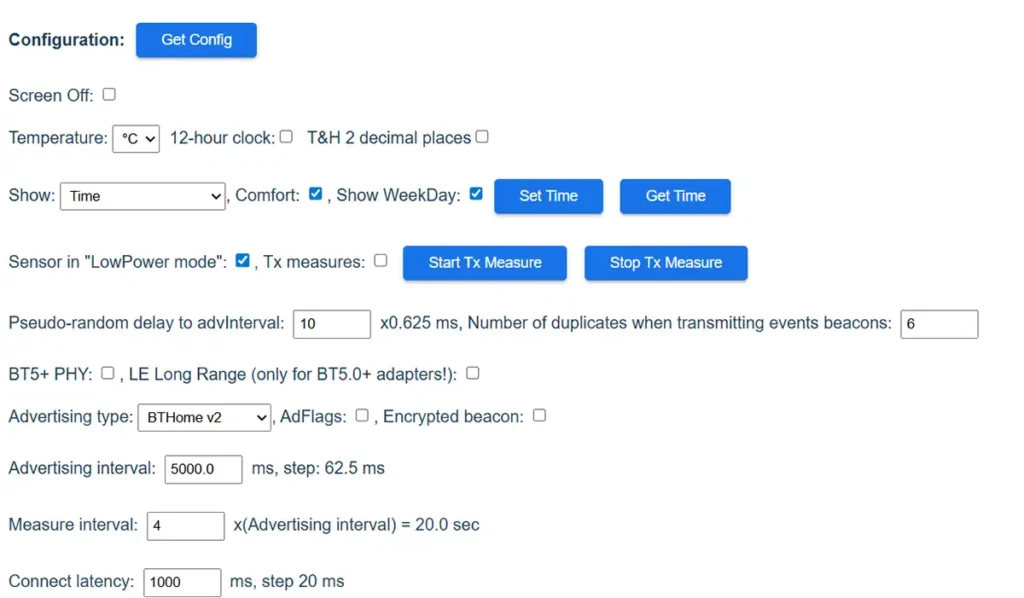 Captura de pantalla completa de la página de configuración del firmware en la web de Telink Flasher. La interfaz muestra numerosas opciones para personalizar el sensor Xiaomi, incluyendo ajustes para la pantalla, modos de consumo de energía y parámetros de transmisión Bluetooth. Se puede ver que el "Advertising type" está configurado como "BTHome v2" y el "Advertising interval" en 5000 ms.