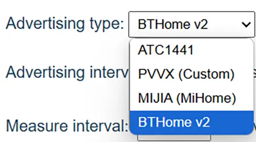 Menú desplegable 'Advertising type' del firmware personalizado, con la opción BTHome v2 seleccionada, que es la recomendada para Home Assistant