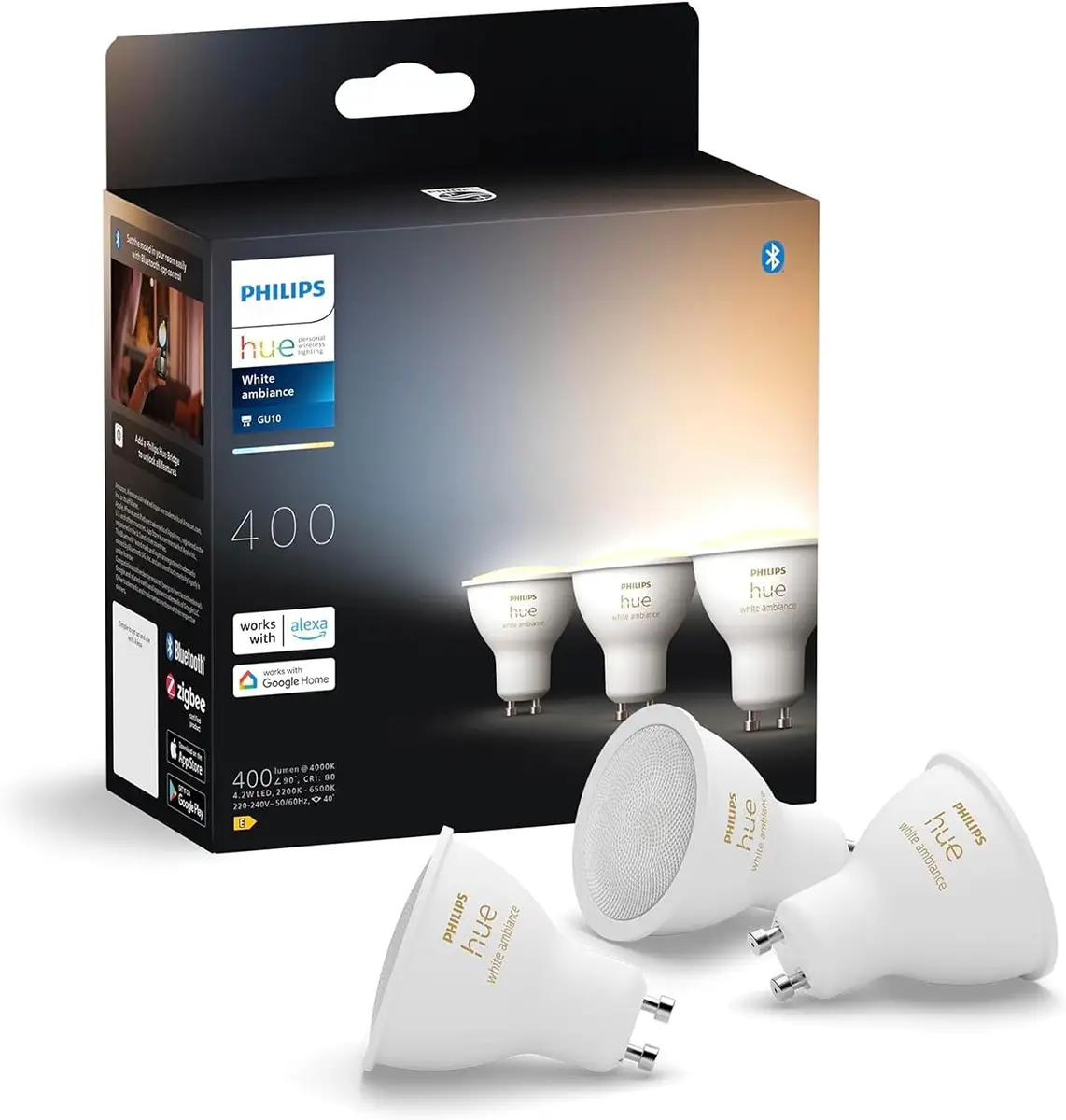 Pack de 3 focos inteligentes Philips Hue GU10 White Ambiance.