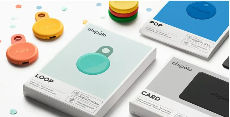 Gama de localizadores Bluetooth Chipolo, destacando los nuevos rastreadores recargables Chipolo Loop y Chipolo Card en sus cajas, que muestran la compatibilidad con Apple Find My y Find Hub de Android.