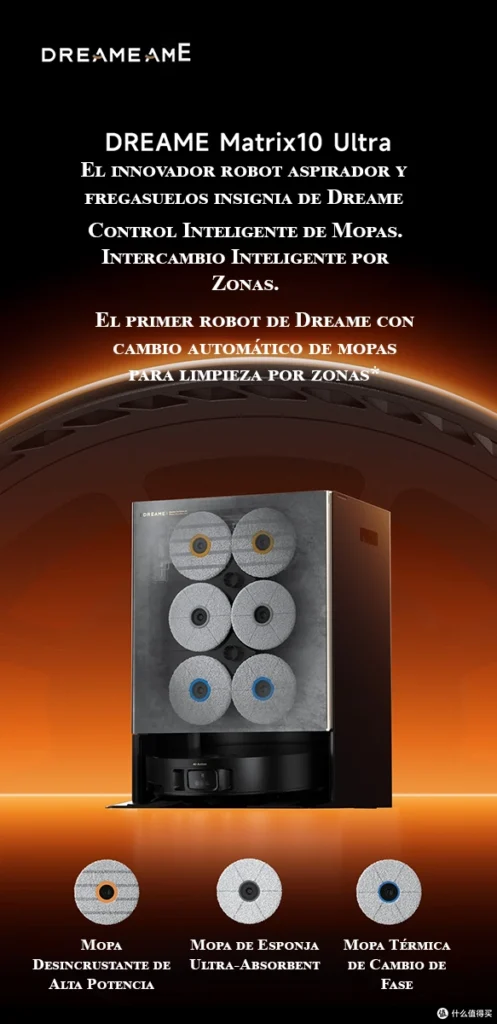 Infografía del robot aspirador Dreame Matrix10 Ultra, destacando su innovador sistema de cambio automático de mopas. La imagen muestra la base de autolimpieza con los tres tipos de mopa especializados: la desincrustante, la ultra-absorbente y la térmica, para una limpieza inteligente por zonas.