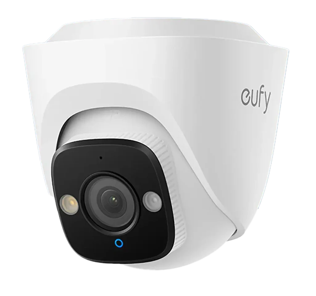 Cámara de seguridad tipo torreta Eufy PoE Turret E41 en color blanco. Se muestra el frontal del dispositivo con la lente 4K, el foco para la visión nocturna a color y el sensor de IA.