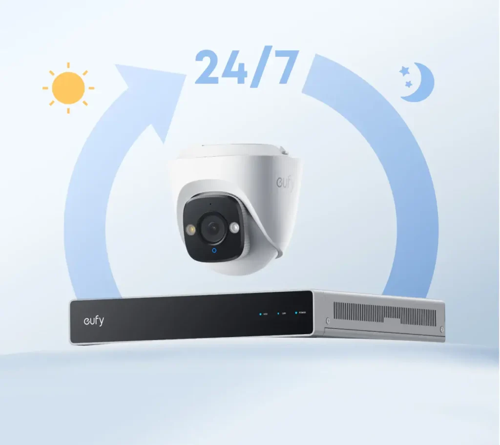 Sistema de seguridad Eufy para grabación 24/7. La imagen muestra la cámara PoE Turret E41 junto a su grabador de vídeo en red (NVR), que es necesario para la vigilancia continua de día y de noche.