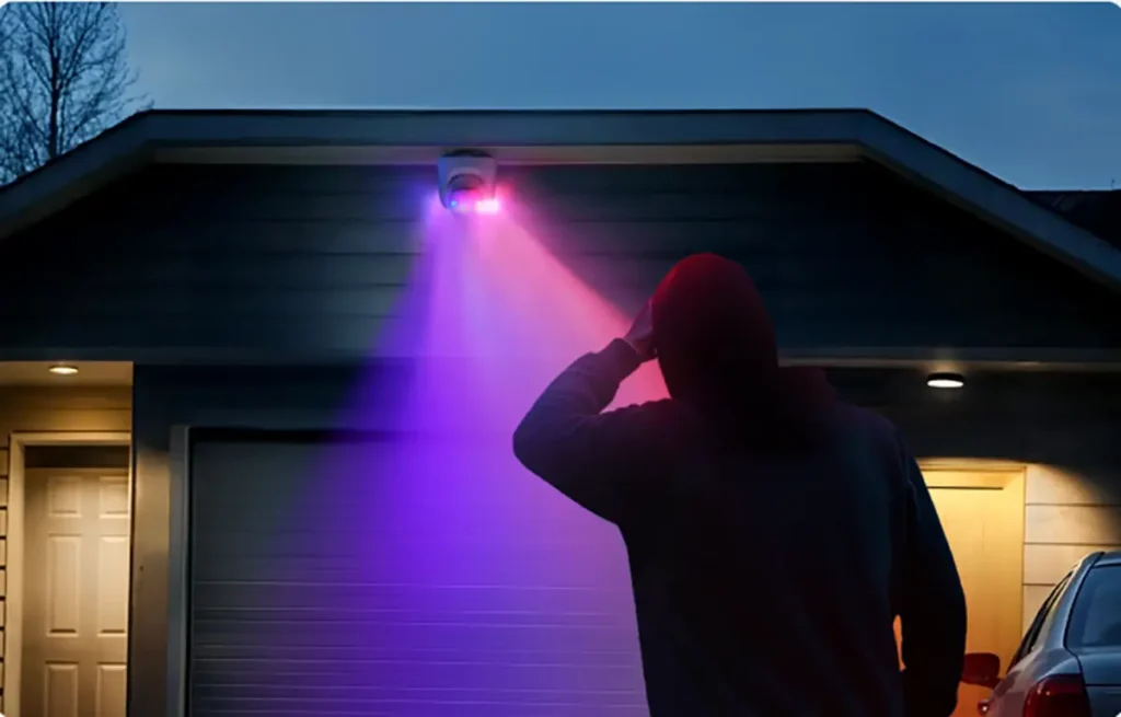 Función de disuasión inteligente de la cámara Eufy E41 en acción por la noche. La cámara activa su sirena y luces estroboscópicas rojas y azules sobre un intruso para proteger el garaje de una vivienda.
