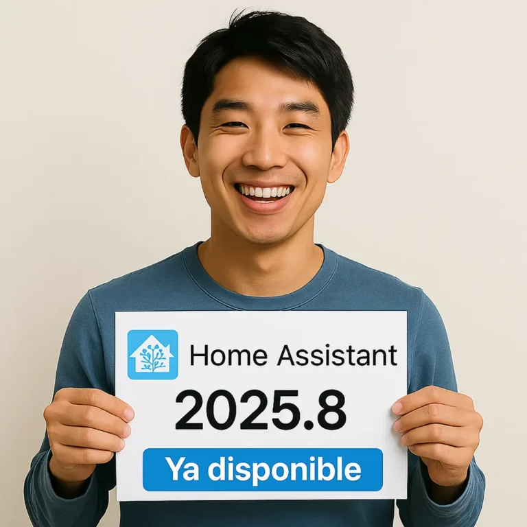 Hombre sonriendo mientras sostiene un cartel que anuncia el lanzamiento de Home Assistant 2025.8, ya disponible.