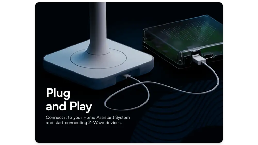 Adaptador Z-Wave Home Assistant Connect ZWA-2 conectado por USB a un sistema Home Assistant. La imagen ilustra la sencilla configuración "Plug and Play" para integrar dispositivos de domótica Z-Wave