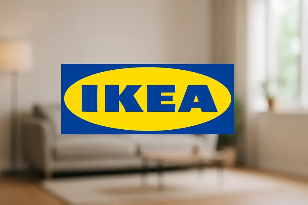 Logo de IKEA sobre un fondo desenfocado de un salón, ilustrando el enfoque de la marca en la domótica y los productos para el hogar conectado que se detallan en el artículo.