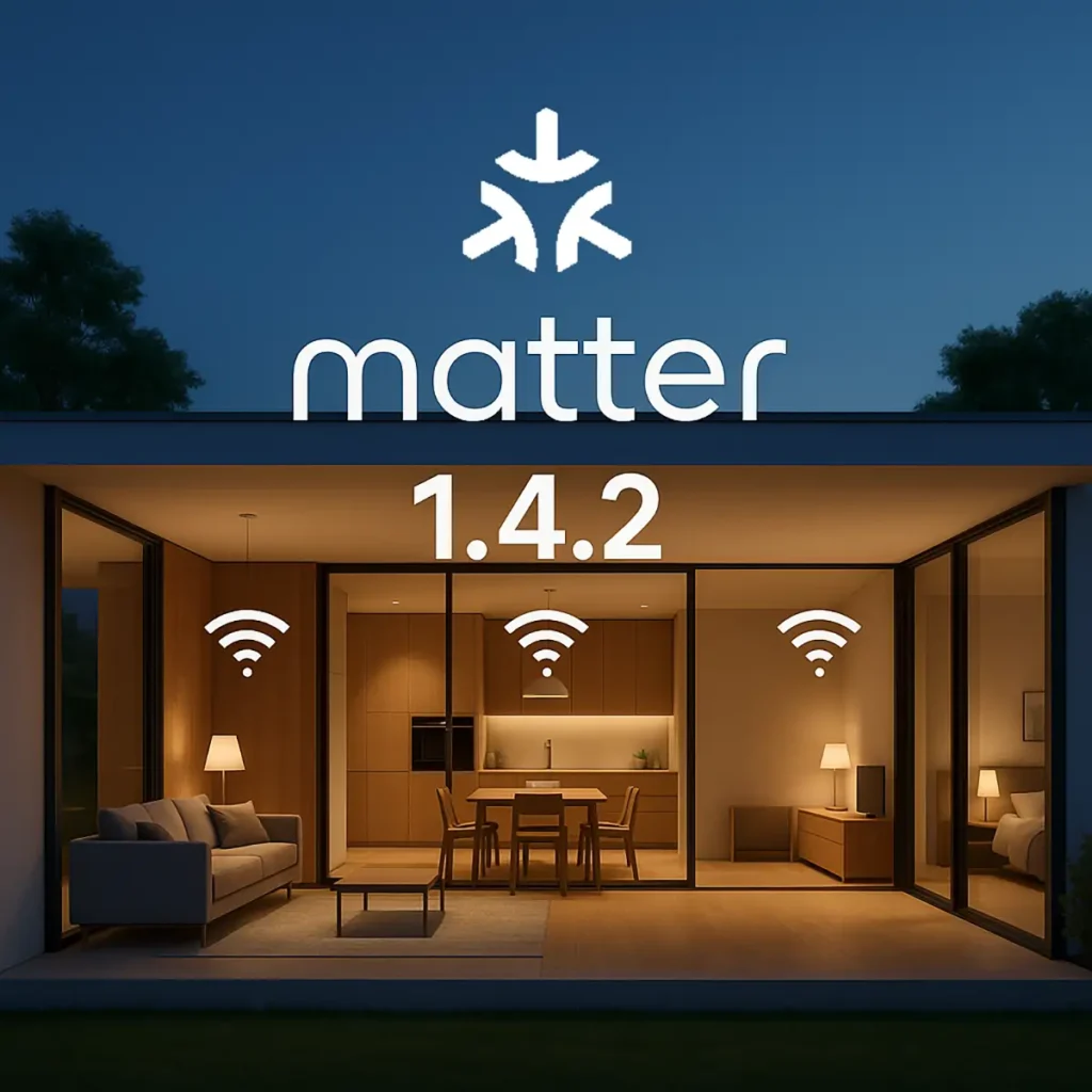 Configuración de dispositivos solo por Wi-Fi con el protocolo Matter 1.4.2 para el hogar inteligente. Imagen que muestra la conectividad Wi-Fi en toda la casa.
