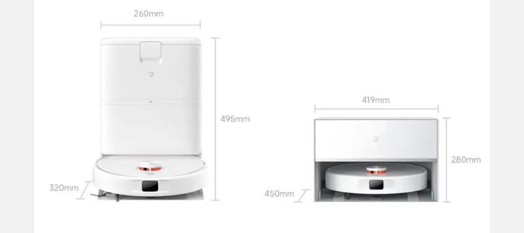 Infografía con las dimensiones del robot aspirador Xiaomi Mijia 5C y su base de autolimpieza. Muestra las medidas completas (495mm de alto x 260mm de ancho x 419mm de profundo) y los requisitos para su instalación integrada en muebles.