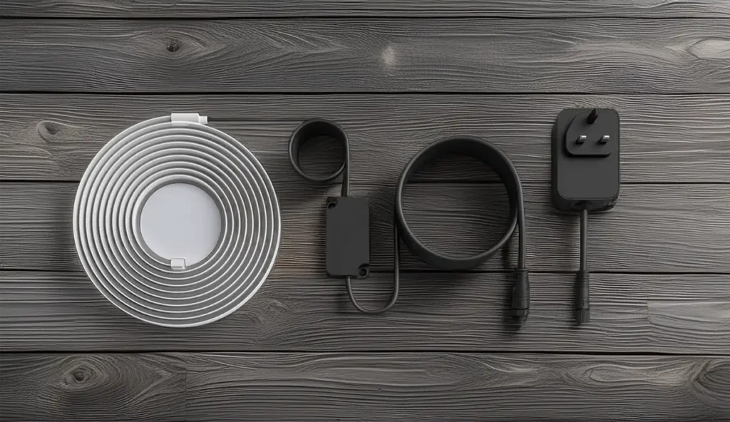 Vista cenital del contenido del kit de la Philips Hue Outdoor Gradient Lightstrip. Se muestra la tira LED enrollada, el cableado y la fuente de alimentación exterior de 30W con su enchufe, todo dispuesto sobre un fondo de madera oscura.