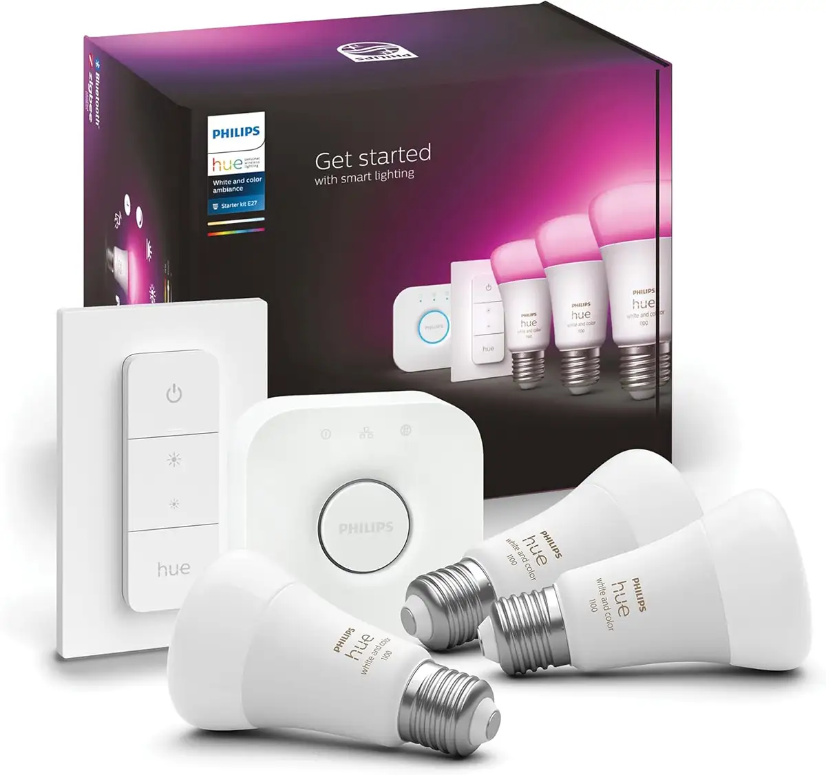 Kit de inicio Philips Hue E27 con dos bombillas inteligentes de color y el Hue Bridge.