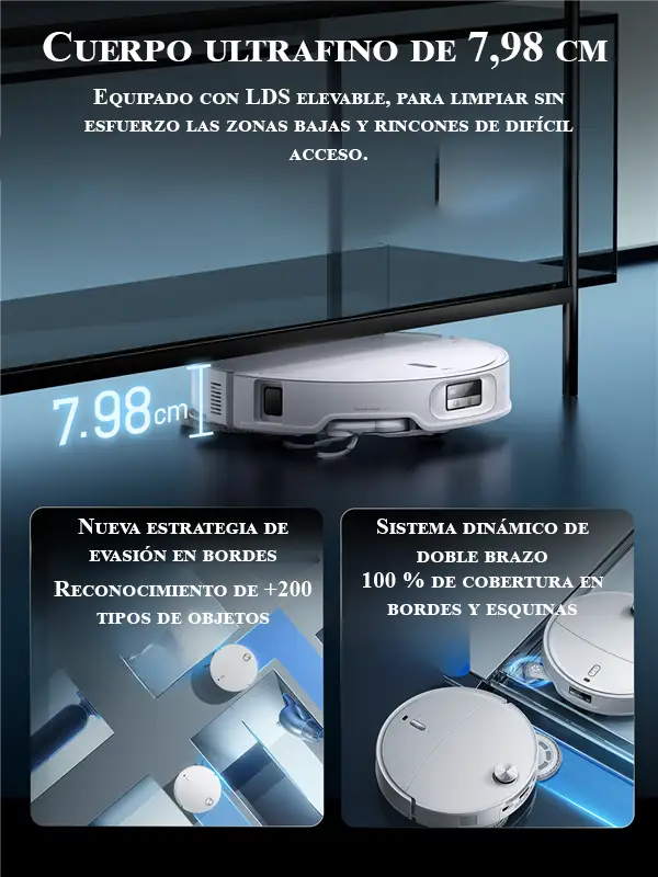 Infografía de características del robot aspirador Roborock P20 Ultra Plus. Destaca su cuerpo ultrafino de 7,98 cm con LDS elevable para limpiar bajo muebles, su nueva estrategia de evasión que reconoce +200 objetos, y su sistema de doble brazo que logra un 100% de cobertura en esquinas.