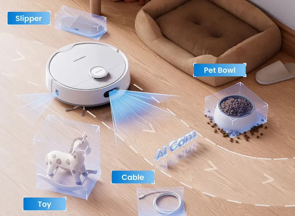 Sistema de navegación inteligente del robot aspirador SwitchBot S20. La imagen muestra cómo su cámara con IA y LiDAR detecta y esquiva obstáculos comunes como cables, juguetes, zapatillas y cuencos de mascotas para una limpieza sin interrupciones.