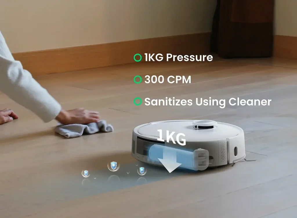Sistema de fregado a presión del robot aspirador SwitchBot S20. La imagen muestra cómo aplica 1 kg de fuerza y 300 rotaciones por minuto para una limpieza profunda y desinfección del suelo, superando al fregado manual.