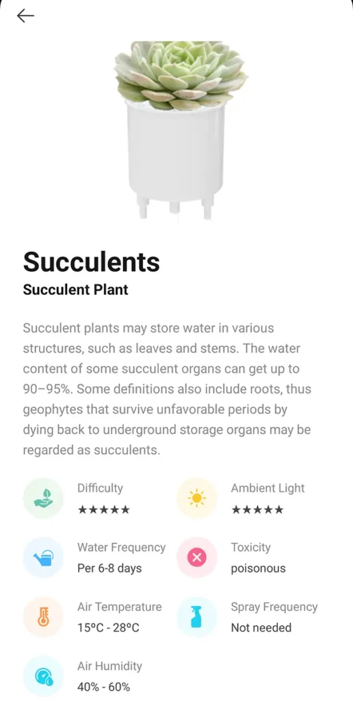 Captura de pantalla de la app del Ivy Smart Plant mostrando la ficha de cuidados para una suculenta. Se detallan los parámetros de riego, luz, temperatura y humedad que el macetero inteligente usará para monitorizar la planta.