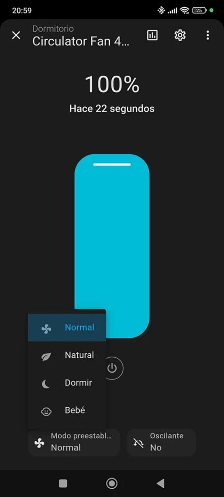 Captura de pantalla de la integración del ventilador SwitchBot Circulator Fan en Home Assistant. Se muestra la interfaz de control con el selector de velocidad al 100% y un menú desplegable con los modos de viento: Normal, Natural, Dormir y Bebé.
