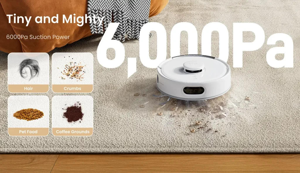 Gracias a su potencia de succión de 6.000 Pa, el robot aspirador SwitchBot K11+ elimina la suciedad más difícil de las alfombras, como pelos de mascota, restos de comida y café.