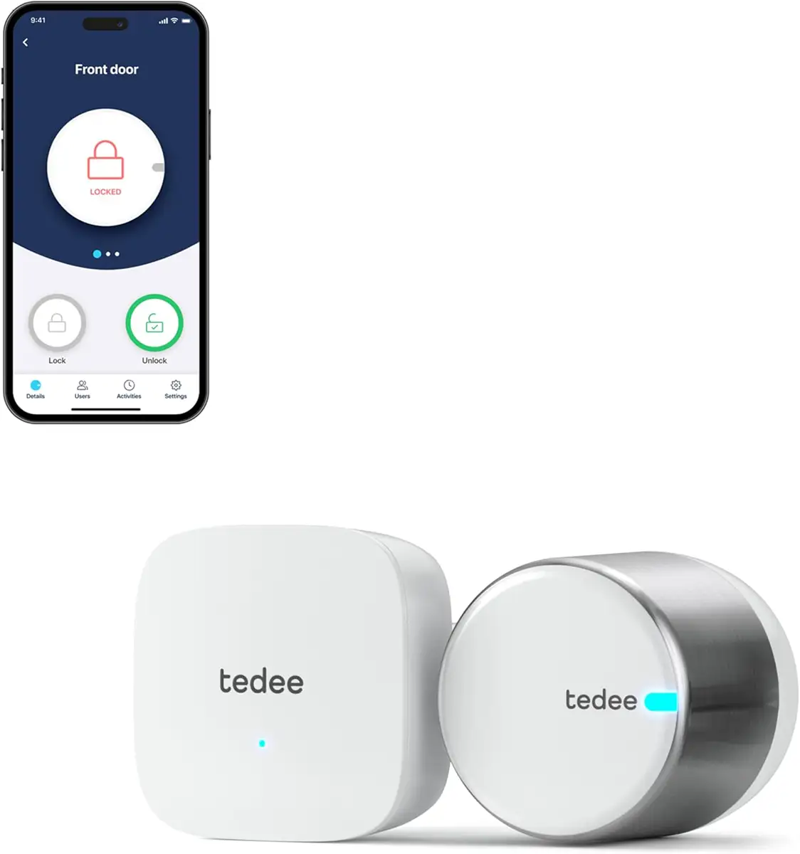 Cerradura inteligente Tedee GO2 de aluminio con WiFi y Bluetooth para acceso remoto.