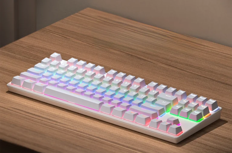 Teclado mecánico TKL blanco para gaming, con retroiluminación RGB personalizada en modo arcoíris, sobre un escritorio de madera.